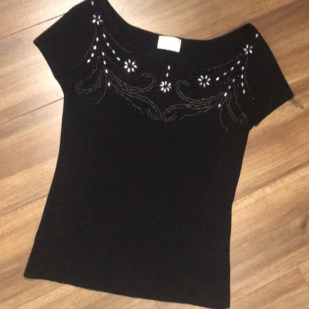 Black Beaded Cap Sleeve Stretch Top